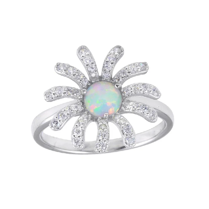 Ladies rings viral picks-Rhodium Plated 925 Sterling Silver Flower Synthetic Opal Center CZ Ring - BGR01259