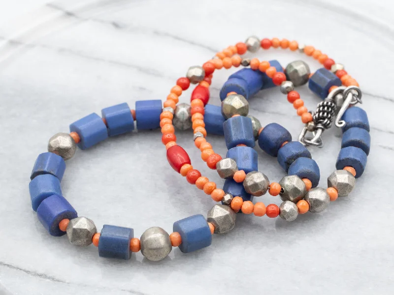 Ladies necklaces office elegance-Mixed Era Blue Glass, Coral, Sterling Silver African Trade Beaded Necklace