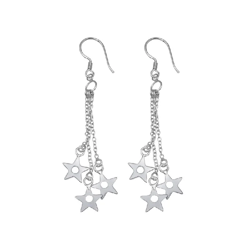 Ladies earrings star motifs-Silver 925 Rhodium Plated Three Wire Dangling Open Stars Hook Earrings - DSE00014