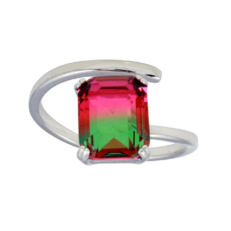 Ladies rings online shopping-Rhodium Plated 925 Sterling Silver Rectangle Open Shank Green to Red Gradient CZ Ring - STR01108