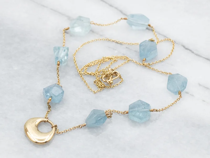 Ladies necklaces gold designs-Yellow Gold Aquamarine Bead Station Necklace with Pendant