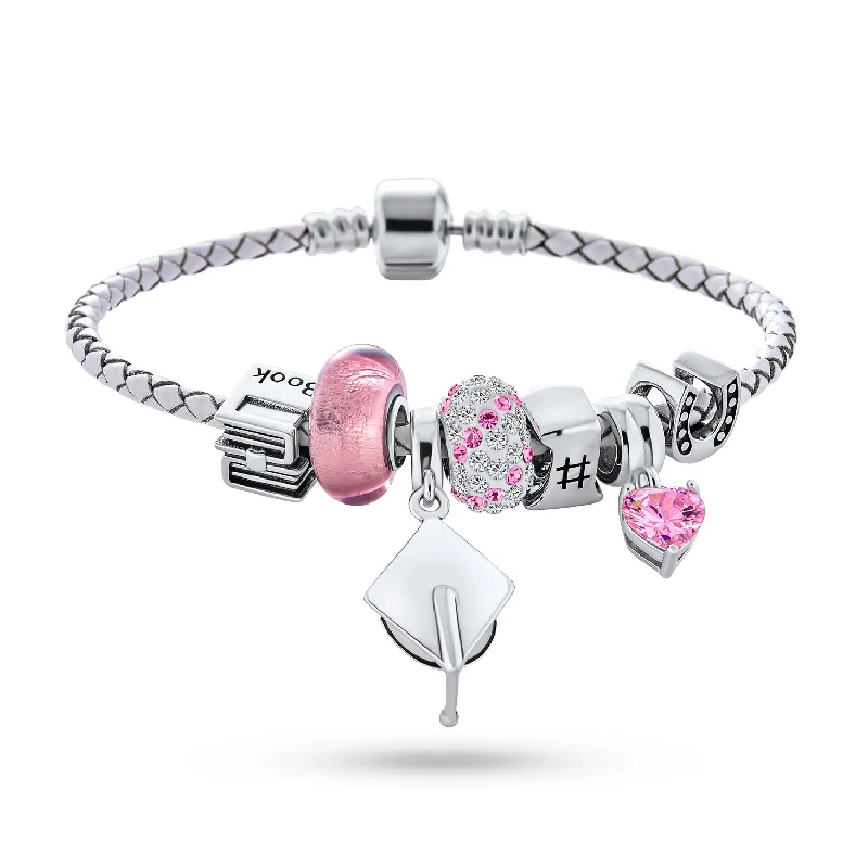 Ladies bracelets online shopping-Graduation Cap Charm Bracelet with Crystal Beads and Sterling Silver Clasp