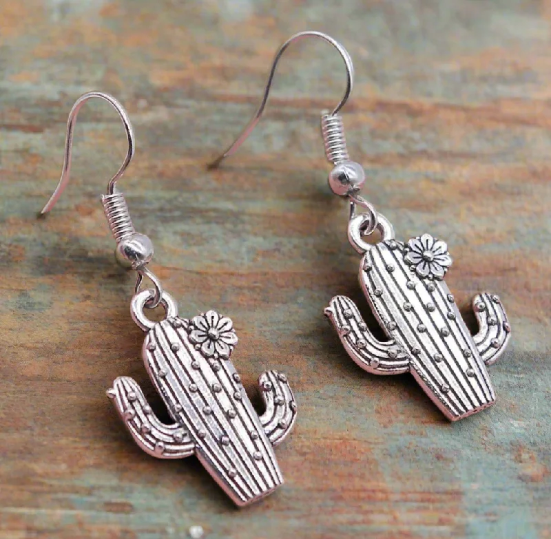 Ladies earrings creative pieces-Silver Cactus Earrings