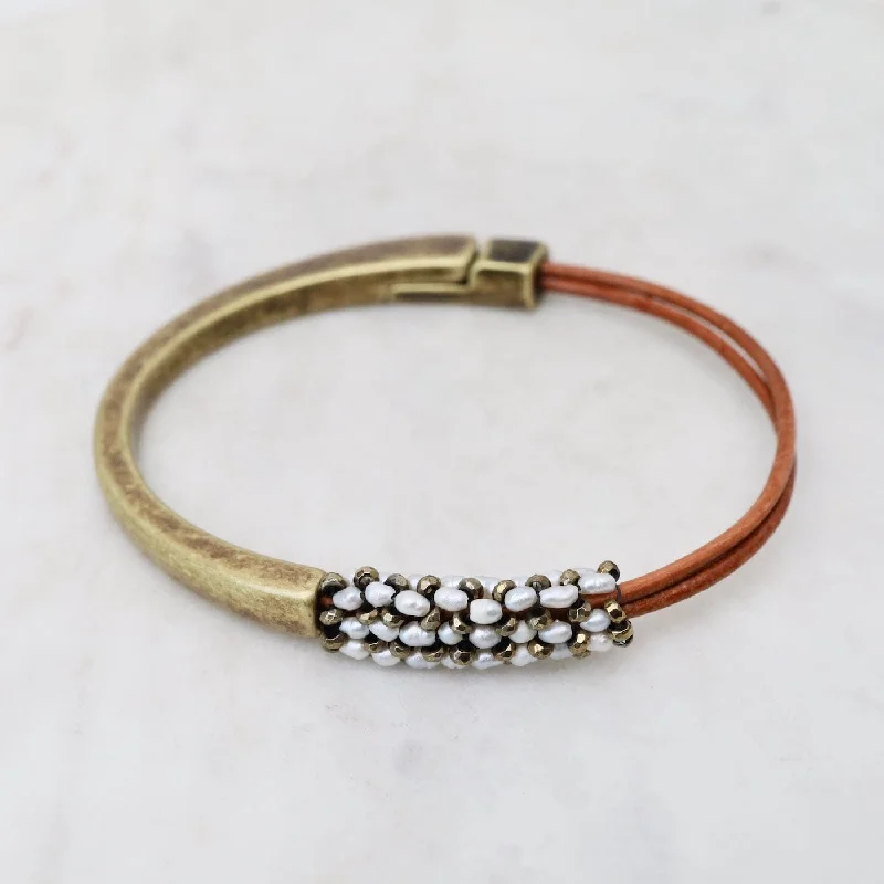 Ladies bracelets subtle luxury-Hand Stitched Tiny Rice Pearls & Pyrite Leather 1/2 Cuff Bracelet