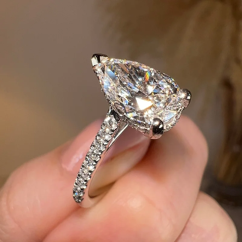 Ladies engagement rings viral designs-"Bambi" Under Hidden Halo 3 Carat Pear Cut Diamond Shoulders Engagement Ring