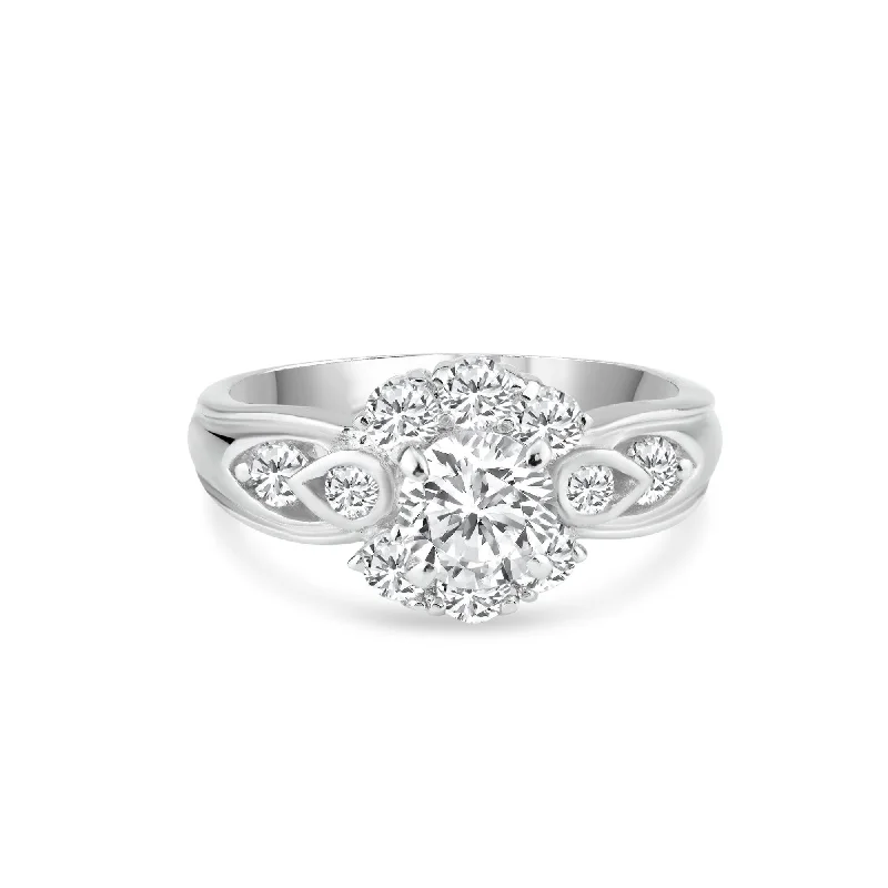 Ladies rings standout pieces-Silver 925 Rhodium Plated Clear Center and Cluster CZ Flower Ring - BGR00729