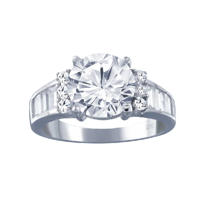 Ladies rings age suitability-Rhodium Plated 925 Sterling Silver Clear Baguette Round Center Center CZ Bridal Ring - BGR00389