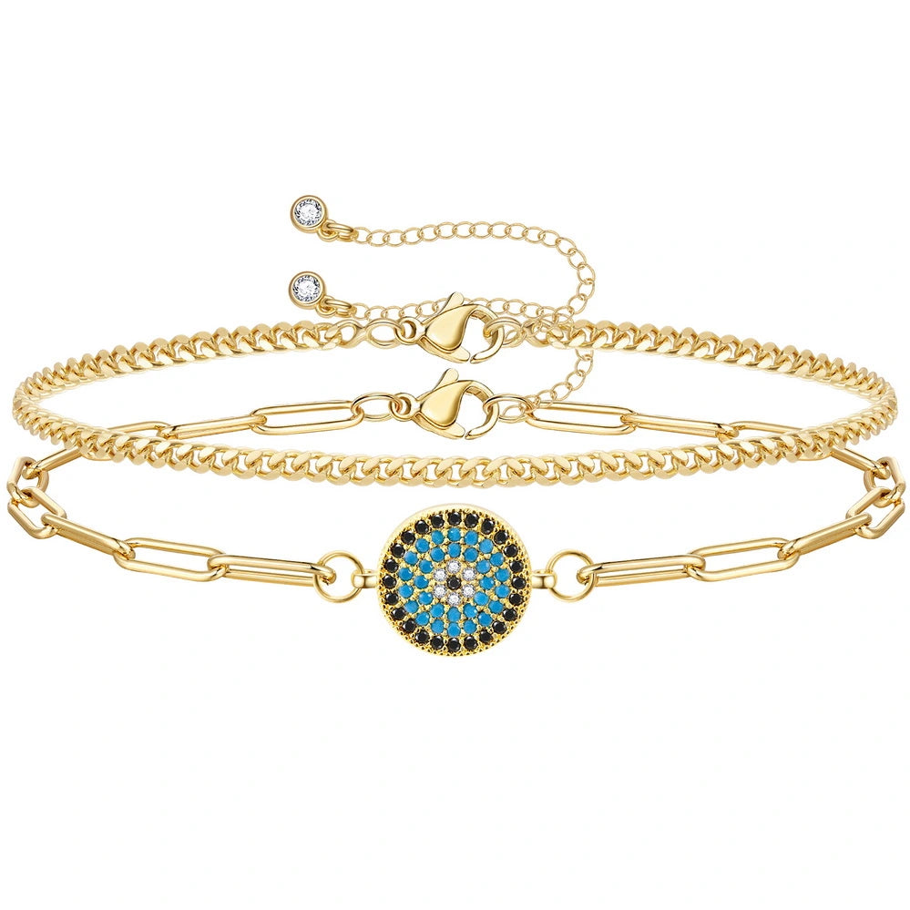 Ladies bracelets stacked styles-14k Gold Plated Dainty Layered Evil Eye Bracelets- Round eye & Cuban