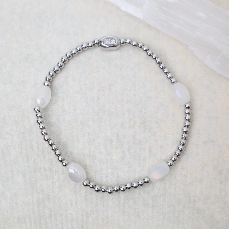 Ladies bracelets pearl details-Here & There Pop Of Color Bracelet in White Cap & Stainless Steel