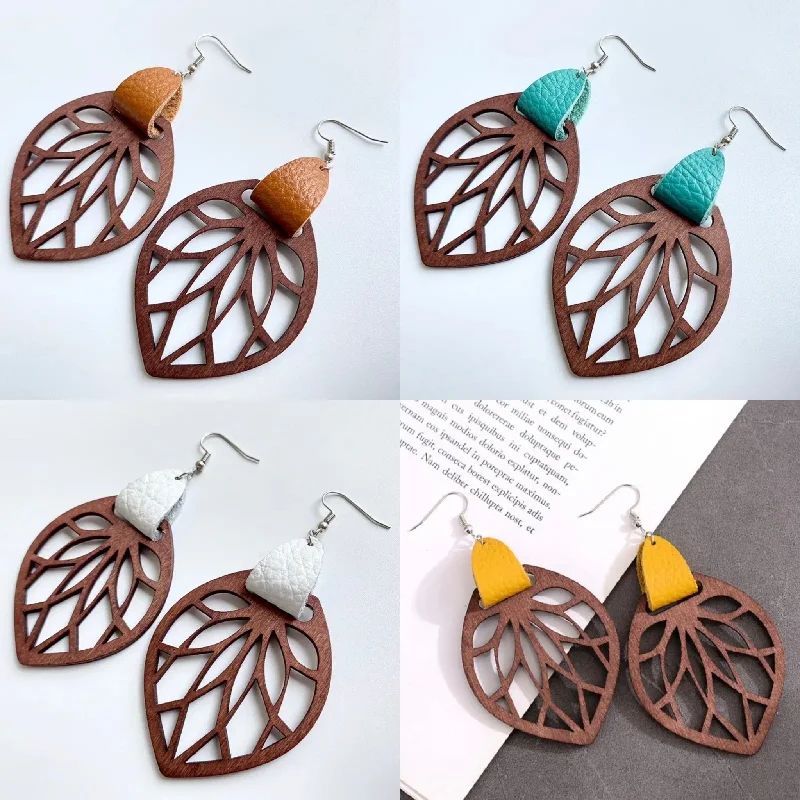 Ladies earrings personalized-Genuine Leather Wrap Cutout Wood Leaf Drop Earrings