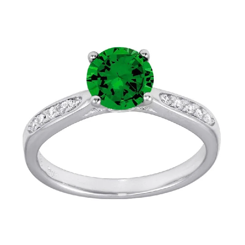 Ladies rings heart shapes-Rhodium Plated 925 Sterling Silver Round Green CZ Center Stone Ring - BGR01231GRN