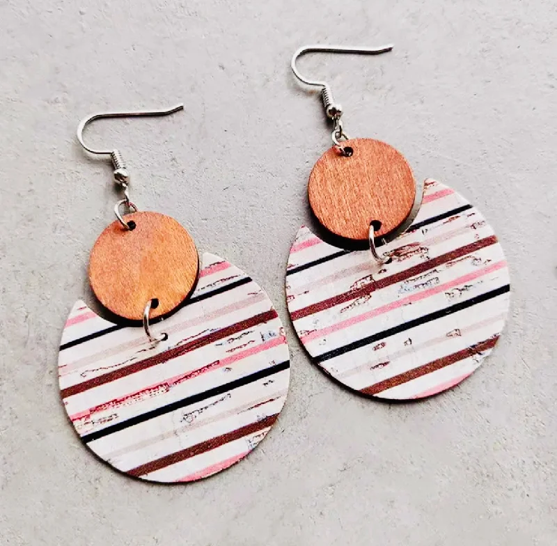 Ladies earrings rose gold-Pink Striped Wood and Cork Earrings