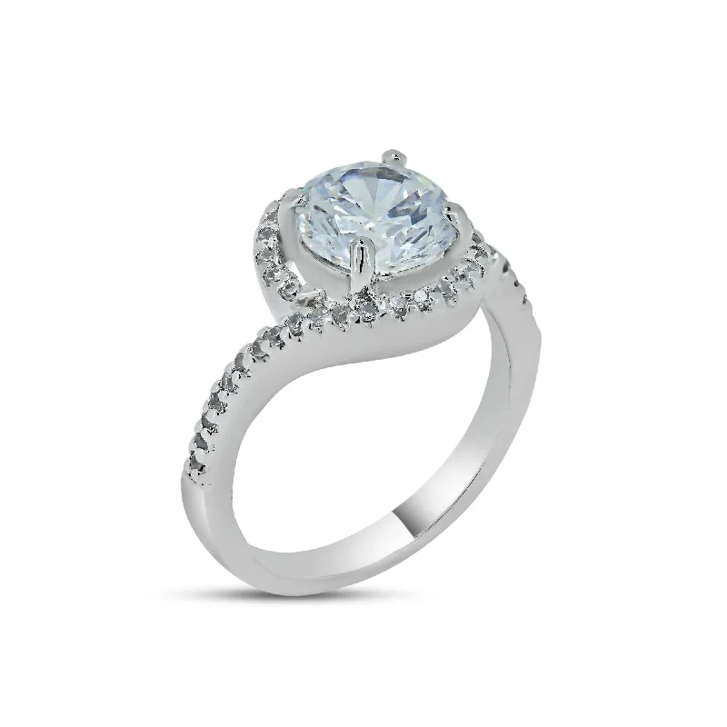 Ladies rings Valentine’s Day-Rhodium Plated 925 Sterling Silver Clear Round Center CZ Bridal Ring - BGR00366