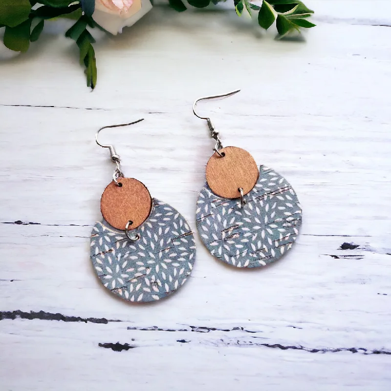 Ladies earrings gold designs-Round Air Force Blue Wood and Cork Earrings