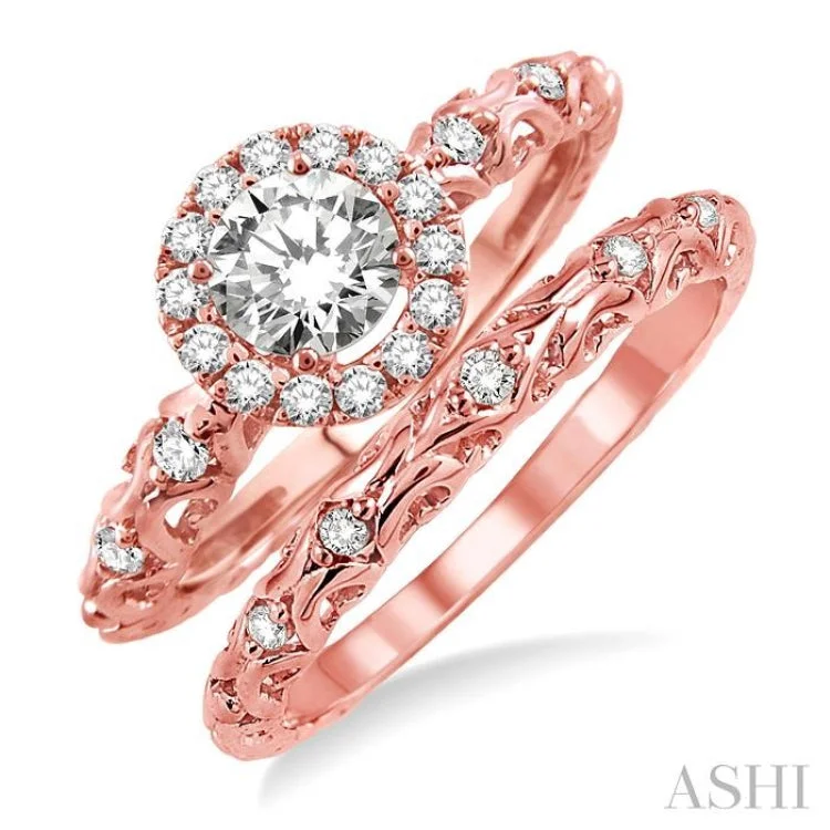 Ladies engagement rings halo settings-3/8 Ctw Diamond Wedding Set with 1/3 Ctw Round Cut Engagement Ring and 1/20 Ctw Wedding Band in 14K Rose Gold