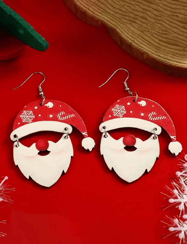 Ladies earrings dangle looks-Adorable Wooden Santa Earrings