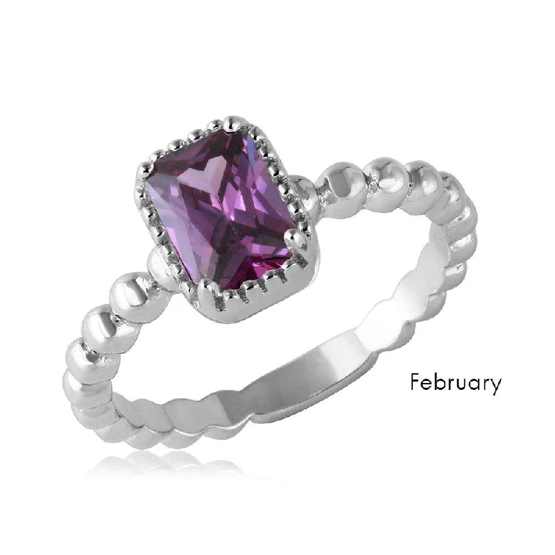 Ladies rings gift ideas-February Sterling Silver 925 Rhodium Plated Beaded Shank Square Center Birthstone Ring - BGR01081FEB