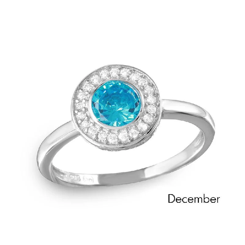 Ladies rings star motifs-December Sterling Silver 925 Rhodium Plated CZ Center Birthstone Halo Ring - BGR01082DEC