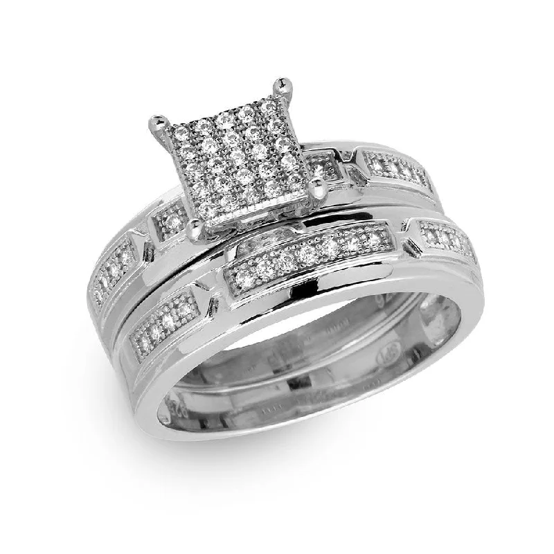 Ladies rings vintage charm-Silver 925 Rhodium Plated Square Pave Center Trio Bridal Ring - GMR00168