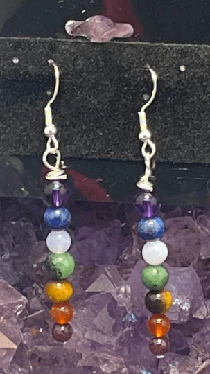 Ladies earrings minimalist trends-Chakra Gemstone Dangle Drop Sterling Silver Hooks  Earrings