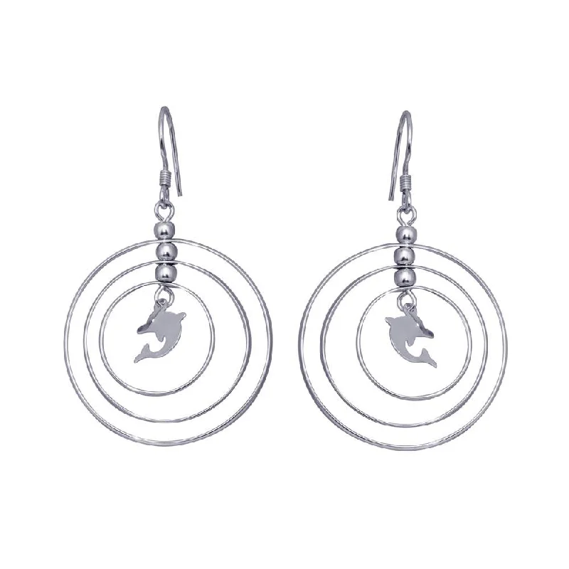 Ladies earrings hypoallergenic-Silver 925 Rhodium Plated Open Graduated Circle Center Dolphin Dangling Hook Earrings - DSE00067