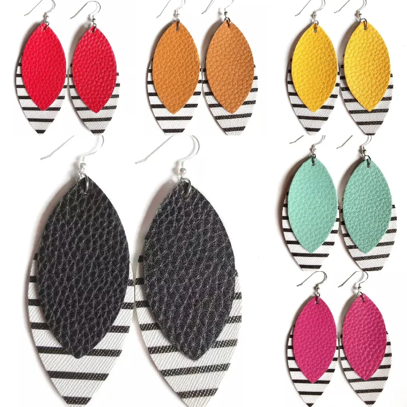 Ladies earrings sapphire stones-Two Layered Colorful Striped Leather Earrings