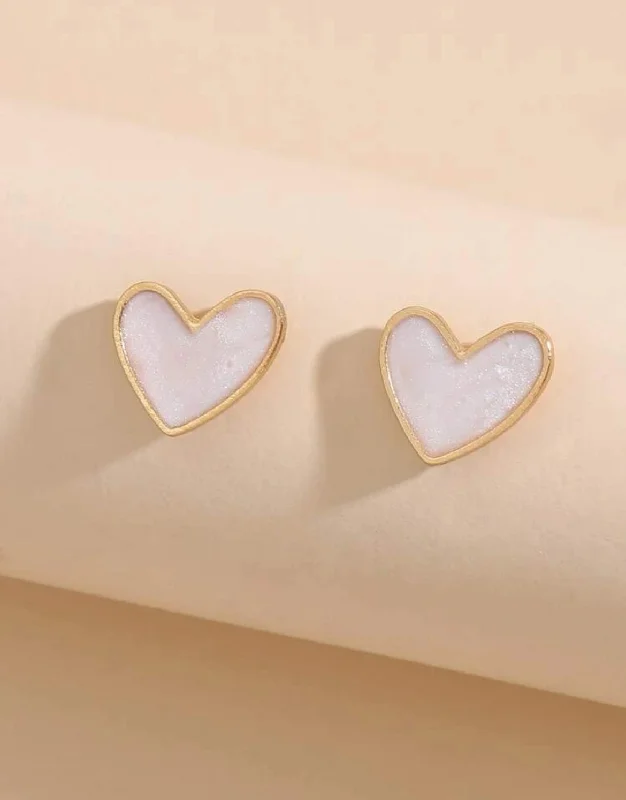 Ladies earrings custom options-Dainty White Heart Stud Earrings