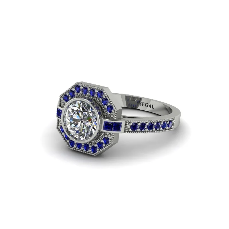 Ladies engagement rings gold bands-Sapphire Octagon Halo Engagement Ring - Leia No. 63