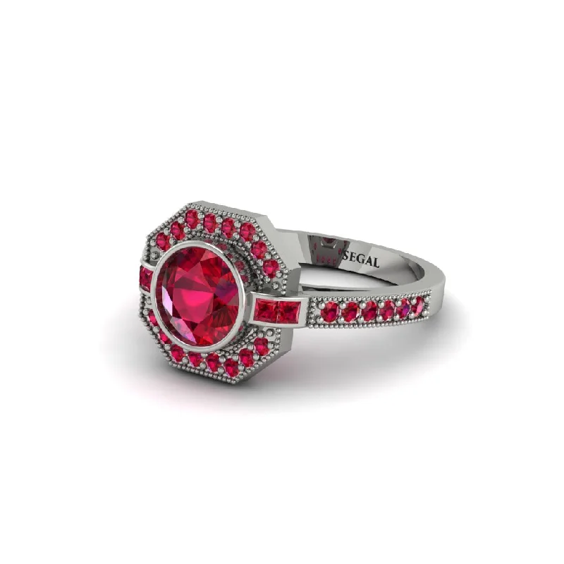 Ladies engagement rings anniversary upgrades-Ruby Octagon Halo Engagement Ring - Leia No. 57