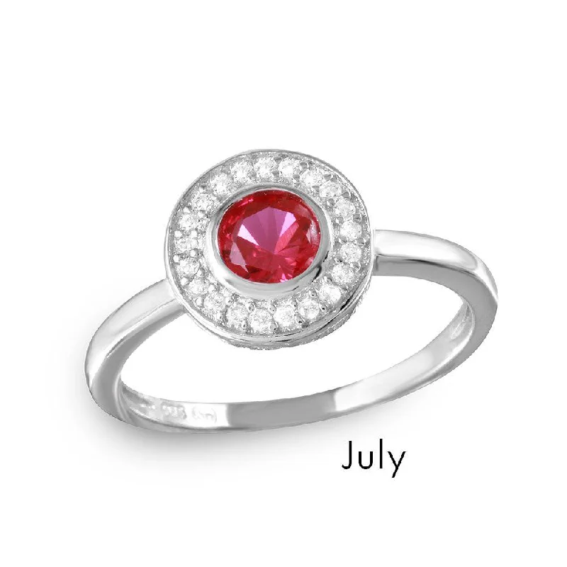 Ladies rings pinky designs-July Sterling Silver 925 Rhodium Plated CZ Center Birthstone Halo Ring - BGR01082JUL