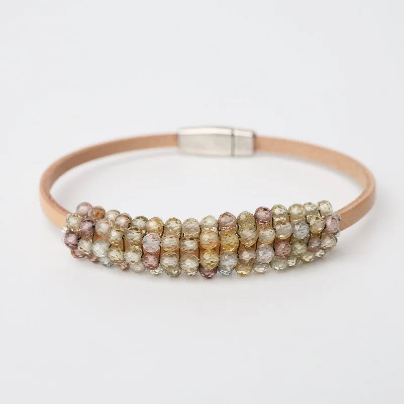 Ladies bracelets youthful charm-Pastel Zircon & Sterling Trim 3mm Leather Bracelet