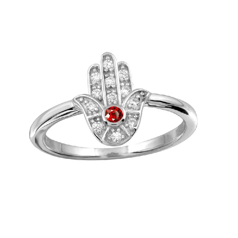 Ladies rings proposal gifts-Rhodium Plated 925 Sterling Silver Red Hamsa Ring with CZ - BGR01131RED