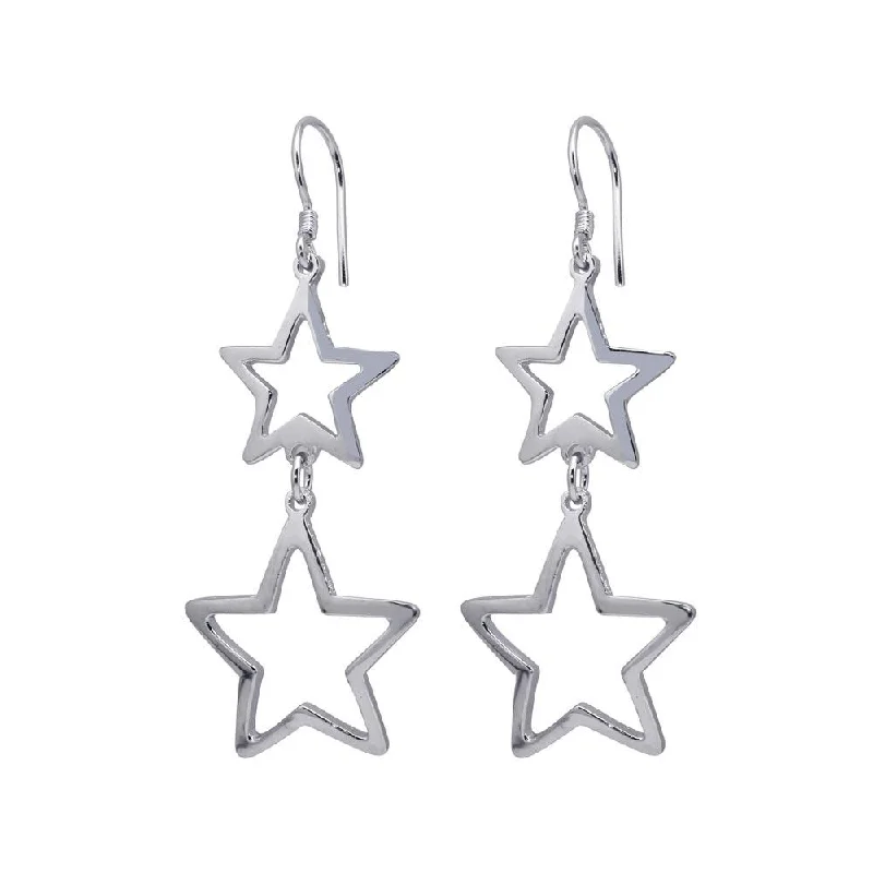 Ladies earrings geometric patterns-Silver 925 Rhodium Plated Two Dangling Open Star Hook Earrings - DSE00013