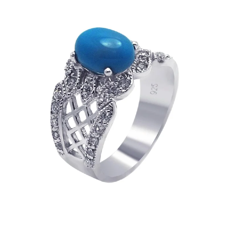 Ladies rings Mother’s Day-Silver 925 Rhodium Plated Turquoise Center Clear Pave Set CZ Filigree Ring - AAR0085