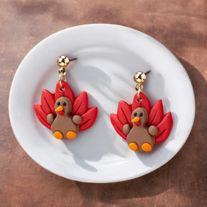 Ladies earrings colorful gems-Adorable Polymer Clay Turkey Stud Drop Earrings