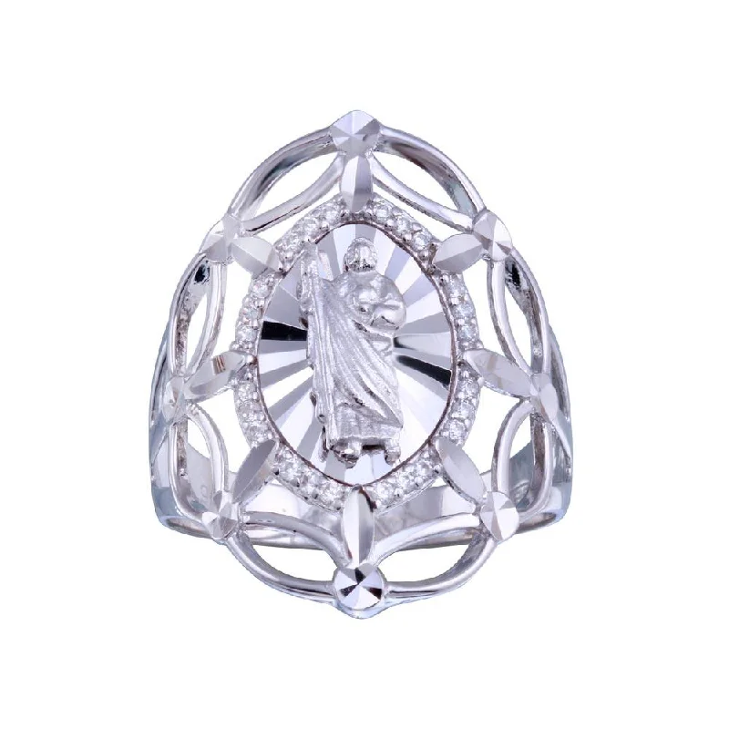 Ladies rings mature styles-Rhodium Plated 925 Sterling Silver Saint Jude CZ Filigree Ring - GMR00339