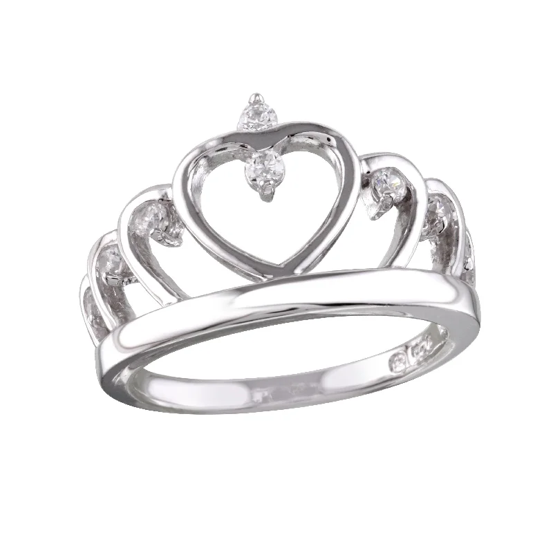 Ladies rings daily wear-Rhodium Plated 925 Sterling Silver Heart Crown Ring with CZ - BGR01160