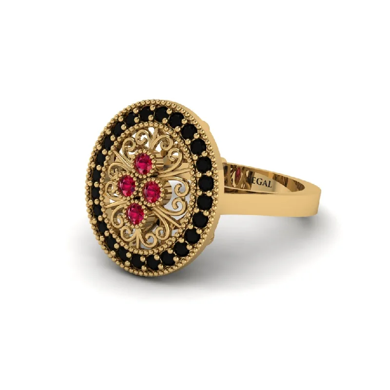 Ladies engagement rings modern appeal-Ruby Vintage Victorian Floral Halo Engagement Ring - Nina No. 40