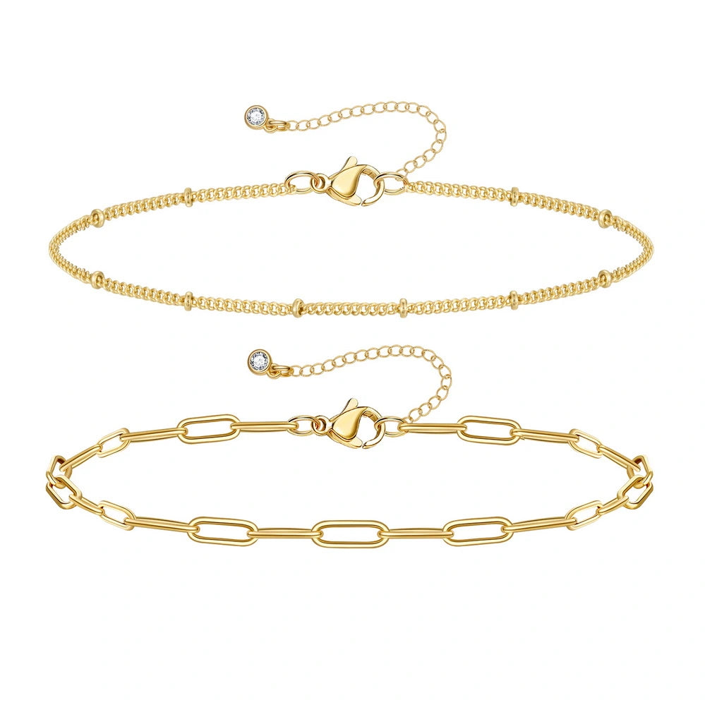 Ladies bracelets pure silver-Dainty 14k Gold Plated Layering Anklets Bracelets Set- Paperclip & Satellite