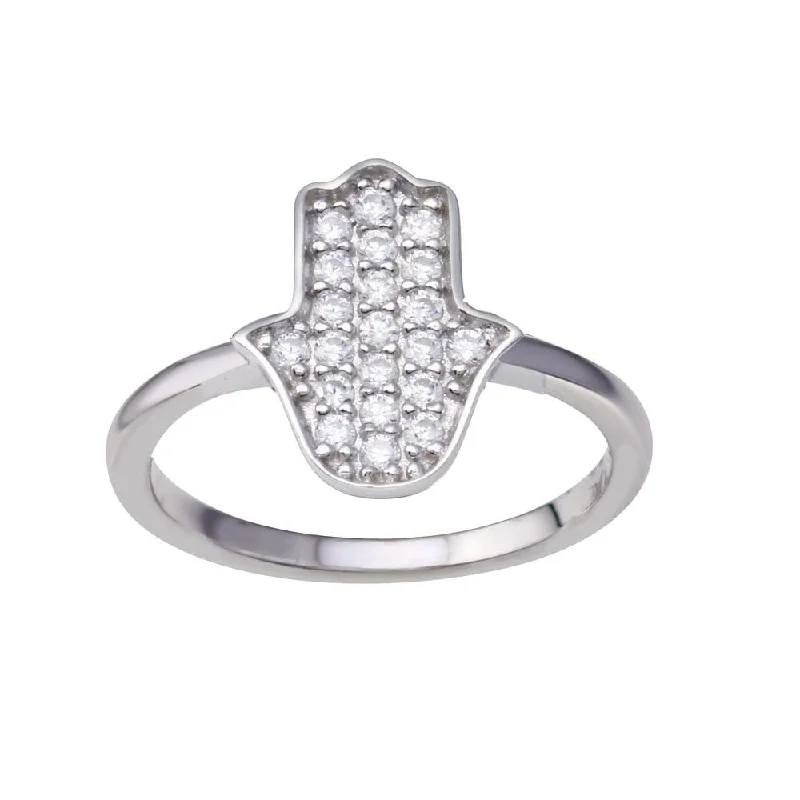 Ladies rings pearl details-Rhodium Plated 925 Sterling Silver Hamsa Clear CZ Ring - BGR01351