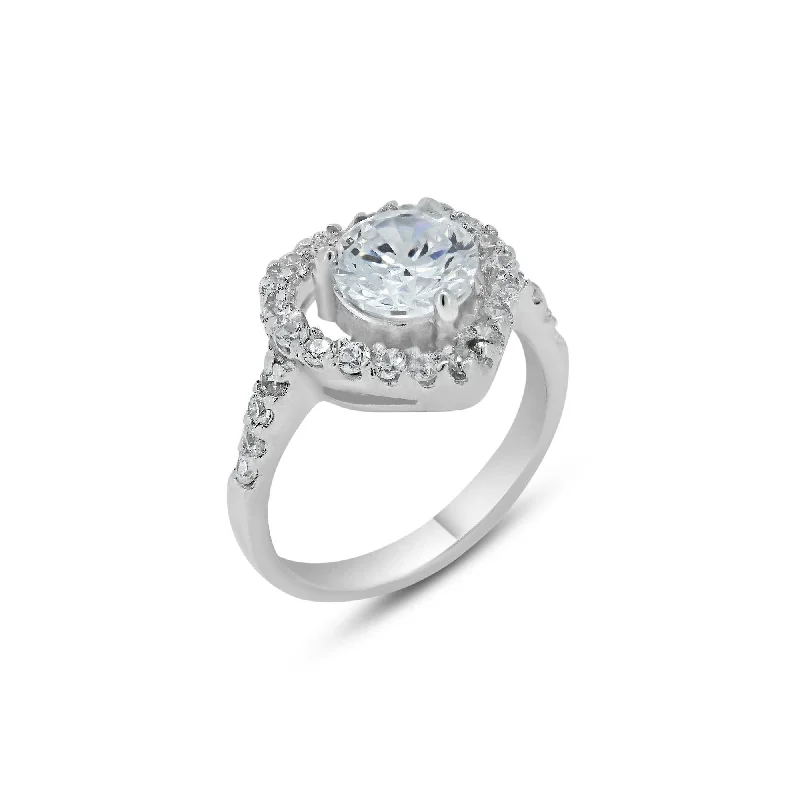 Ladies rings custom designs-Rhodium Plated 925 Sterling Silver Clear Center CZ Heart Bridal Ring - BGR00390