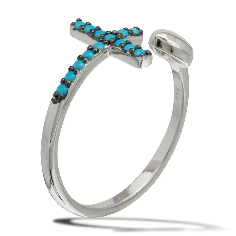 Ladies rings gift ideas-Rhodium Plated 925 Sterling Silver Heart and Cross Open Ring with Turquoise Beads - BGR01086