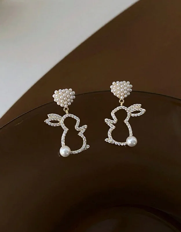 Ladies earrings viral picks-Rhinestone and Faux Pearl Bunny Drop Earrings