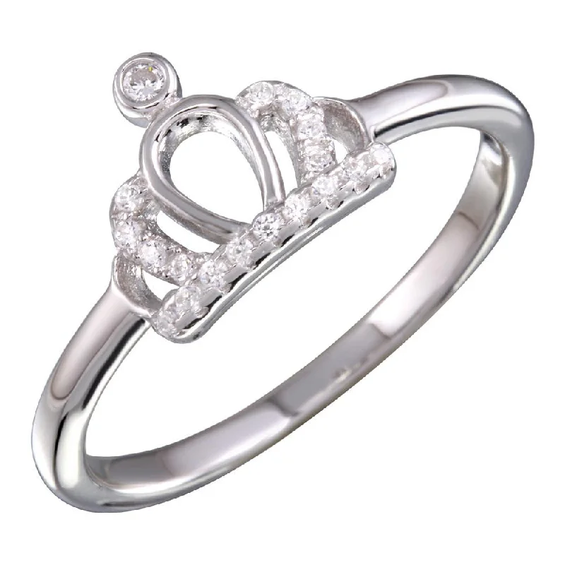 Ladies rings hypoallergenic-Rhodium Plated 925 Sterling Silver Crown Ring with CZ - BGR01158