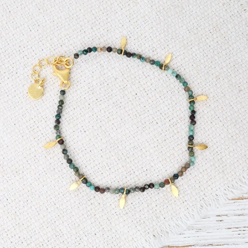 Ladies bracelets stacked styles-Turquoise Faceted Beads with Gold Leaves Bracelet