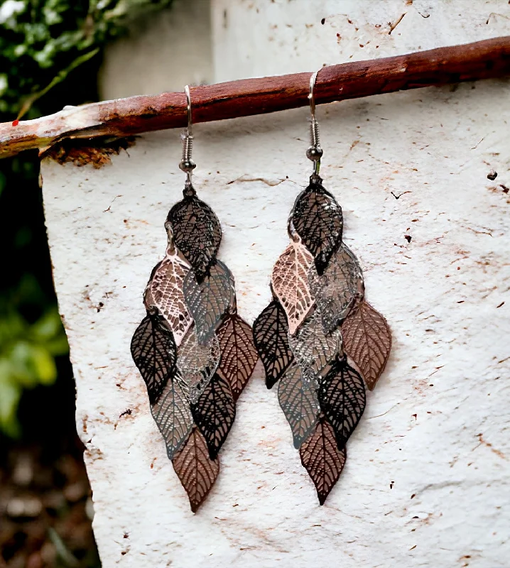 Ladies earrings ethnic patterns-Beautiful Black, Silver, and Bronze Leaf Tassel Earrings