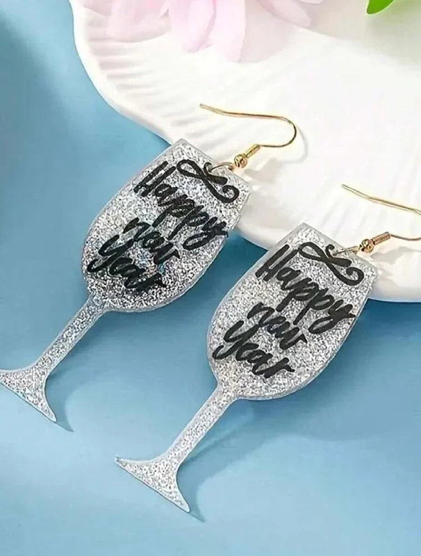 Ladies earrings store locations-Sparkling Silver and Black New Years Eve Wine Glass Earrings