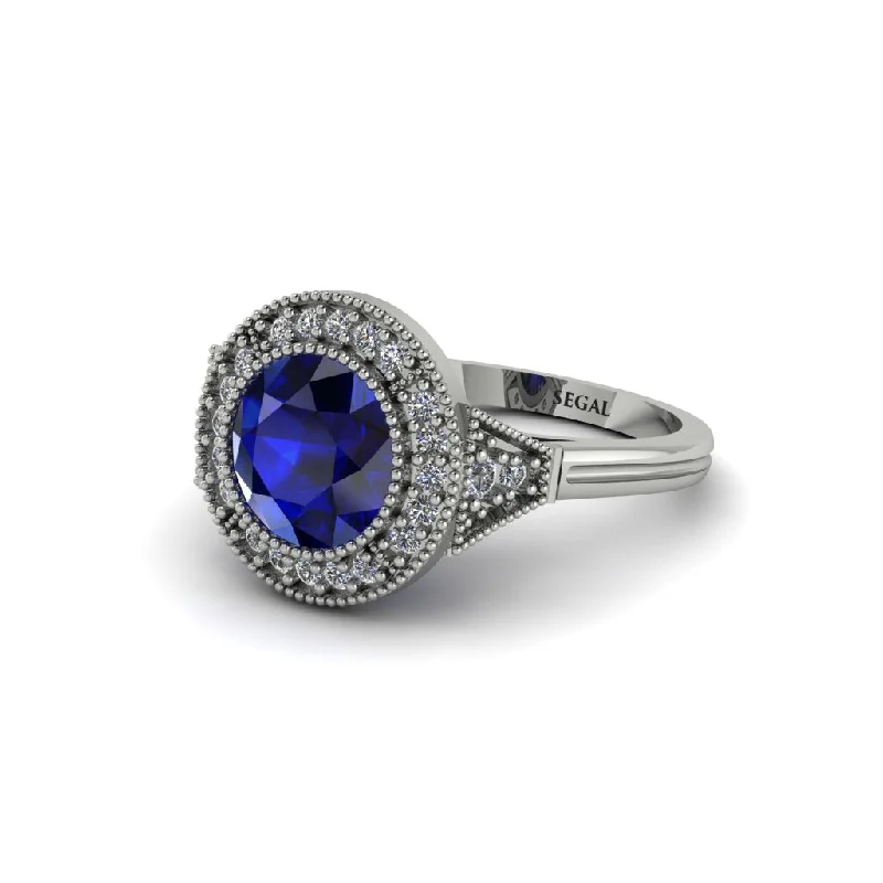 Ladies engagement rings large stones-Round Cut Sapphire Milgrain Halo Engagement Ring - Maggie No. 15