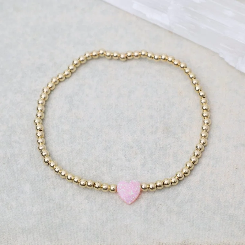 Ladies bracelets minimalist looks-Pink Opal Heart Gold Filled Ball Bracelet