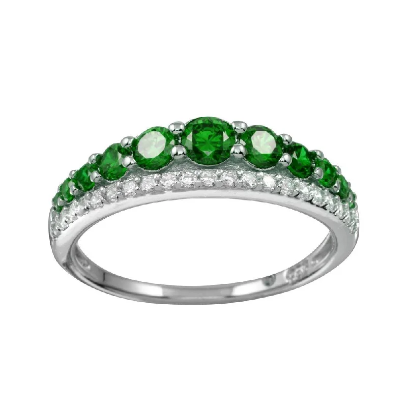 Ladies rings anniversary picks-Rhodium Plated 925 Sterling Silver Green and Clear CZ Stones Ring - BGR01175GRN